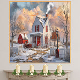 Winter White Farmhouse – Cozy Snow-Covered Country Home with Red Barn and Sleigh Wall Art Print on Ready to Hang 1.5" Thick Canvas Wrap, Floating Framed Canvas, Flat Rolled Canvas